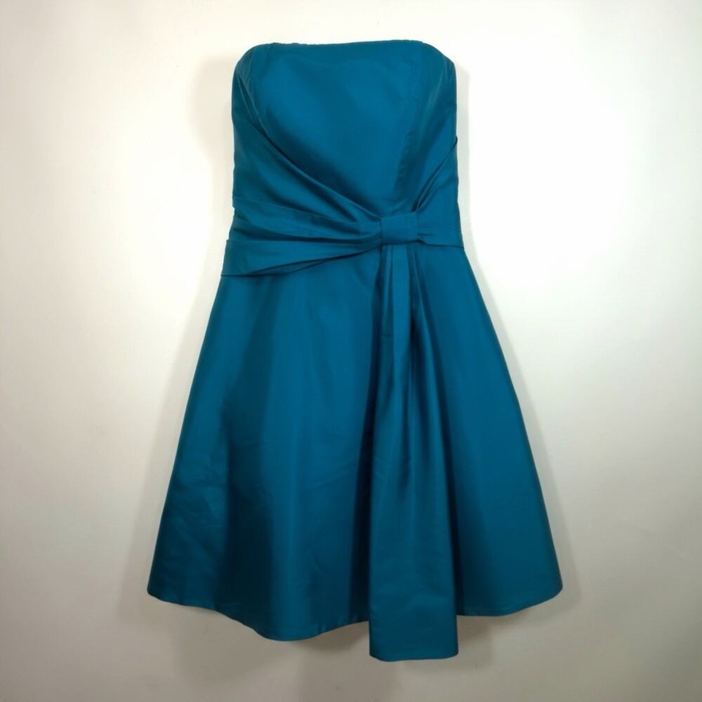 Ann Taylor Teal Silk Strapless Cocktail Dress Bow Waist Detail Size 4 Formal